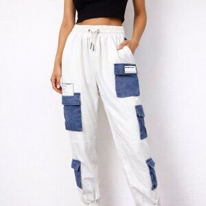 Manière De Voir Cargo Jogger Pants White Denim Pocket Streetwear Women 8 DEFECT